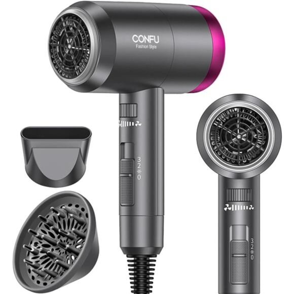 CONFU Ionic Blow Dryer 1600W, Portable Lightweight Fast Drying Negative Ion